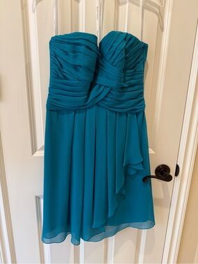 David's Bridal Teal Strapless Ruched Chiffon Dress